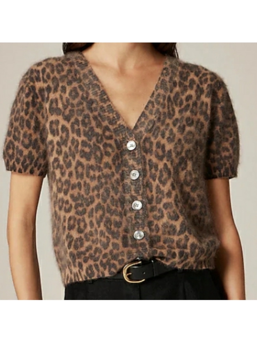 J Crew Brushed Cashmere Short Shelve Cardigan In Leopard Print